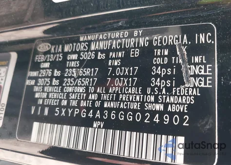 2016 Kia Sorento 2.4L Lx из США, поврежденный, VIN 5XYPG4A36GG024902